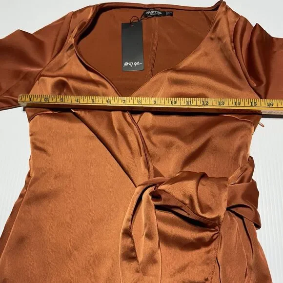 NASTY GAL Burnt Orange Faux Wrap Satin Mini Dress Size 4 Long Sleeve NWT - Picture 8 of 12